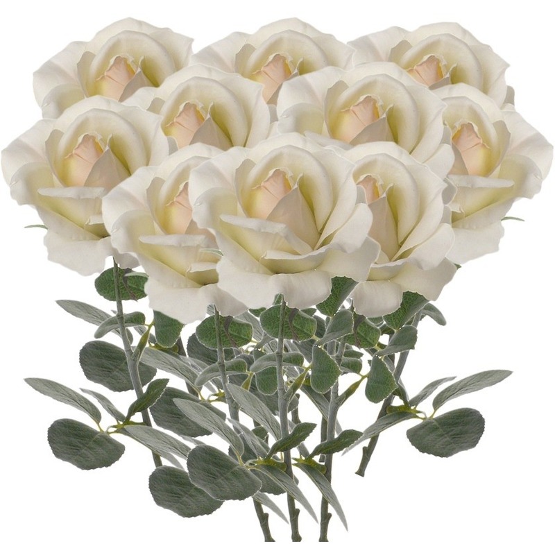 10x Creme witte rozen/roos kunstbloemen 37 cm -