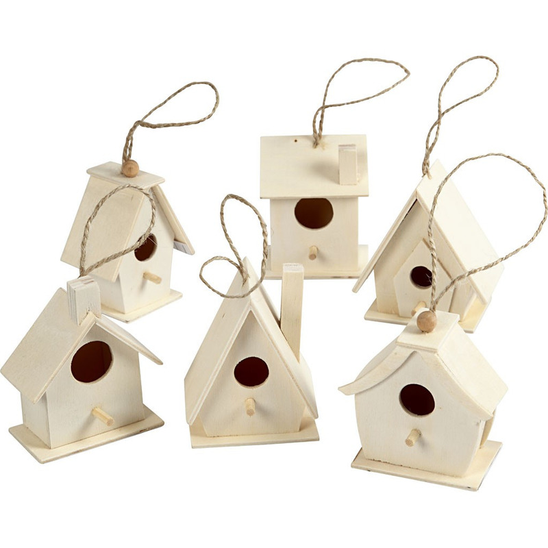 6x Houten hobby knutsel vogelhuisje 7 cm -