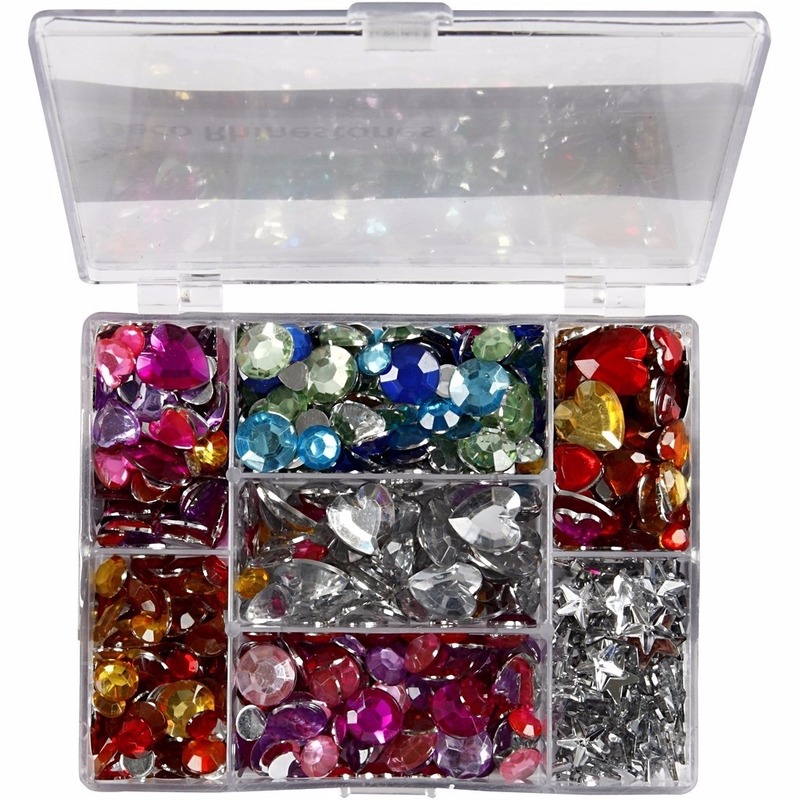 Strass stenen in doos - rond-hart-ster - gekleurd - glimmend - 300 gram - 6-16 mm - zelf plakken -