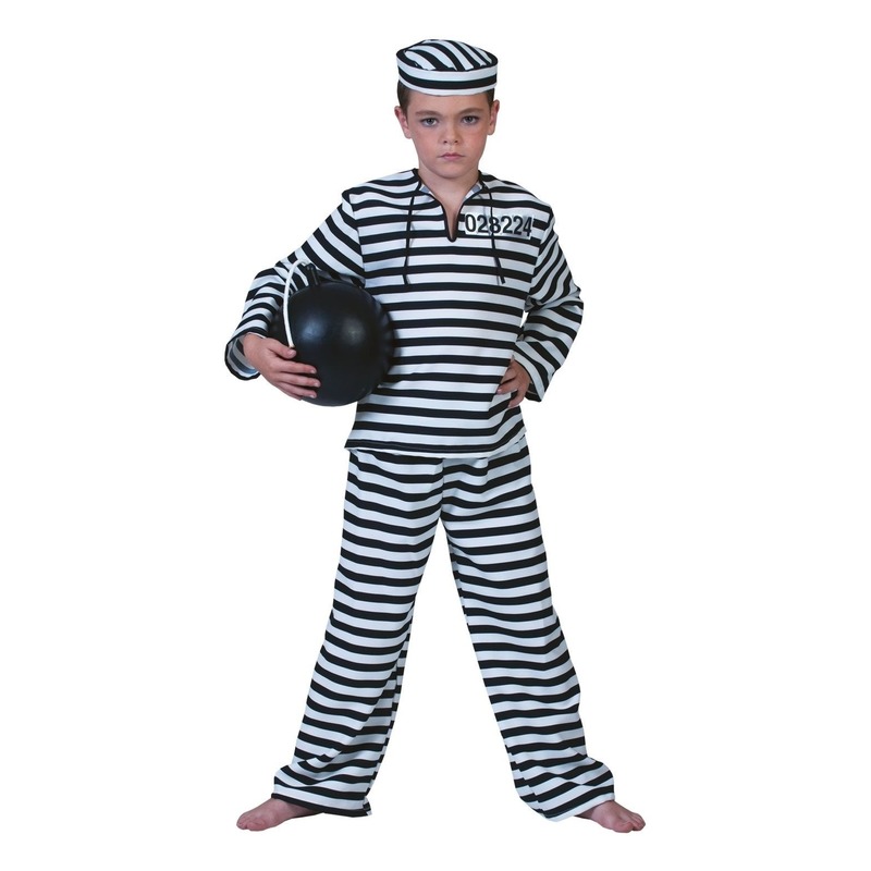 Carnaval verkleedkleding Gestreept boevenpak - voor kinderen - zwart/wit - Boef/crimineel/gevangene 176 -