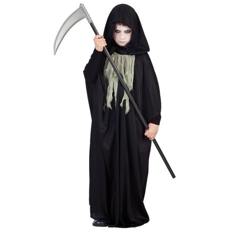 Halloween verkleed cape zwart - kinderen - magere Hein kostuum 10-12 jaar -