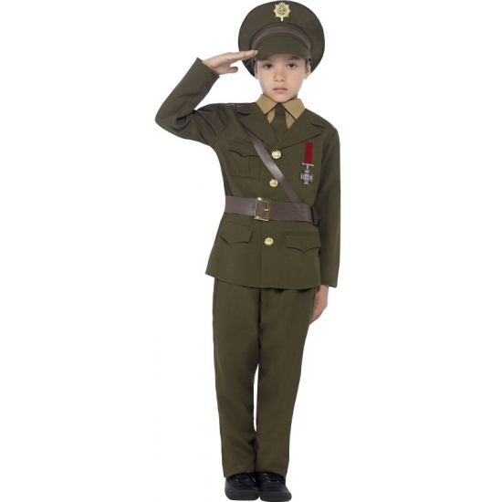 Carnaval verkleed Leger officier kostuum - voor kinderen - groen - met pet - soldaat/militair 145-158 (10-12 jaar) -