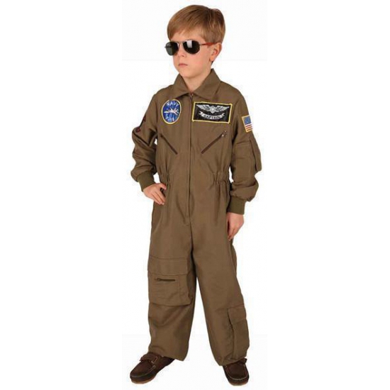 Leger piloot carnaval verkleed kostuum - jumpsuit - voor kinderen - bruine overall 104 -