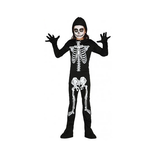 Halloween verkleedkleding kostuum kinderen - skelet jumpsuit - zwart - botten 140-152 (10-12 jaar) -