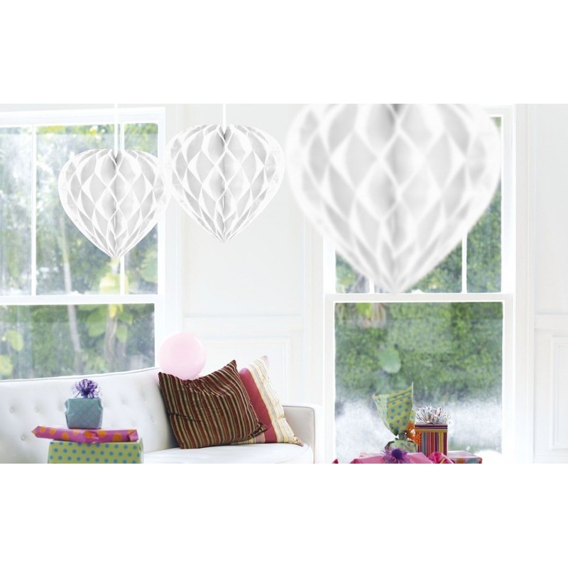 3x Hangende decoratie bol hartje wit 30 cm -