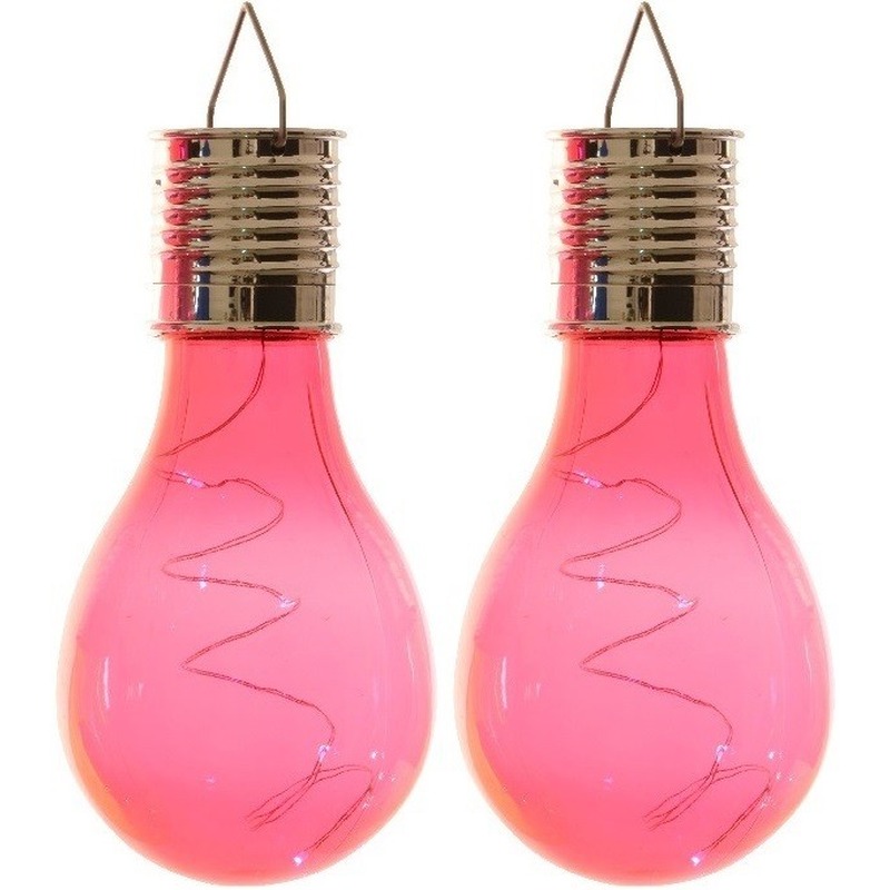 2x Buiten LED lampbolletjes solar verlichting - fuchsia roze - 14 cm -