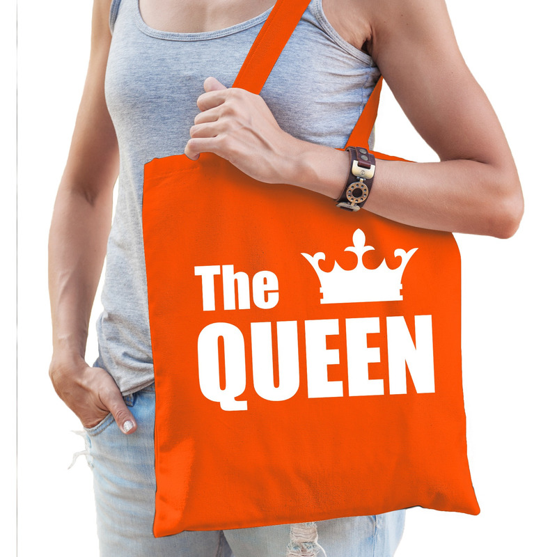 Katoenen tas / shopper oranje the queen met witte kroon dames -