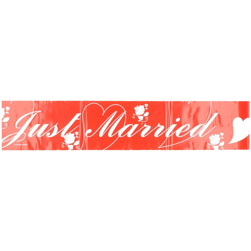 Rood markeerlint Just Married 6 meter - Afzetlint/banner - Huwelijksfeest/bruiloft versiering -