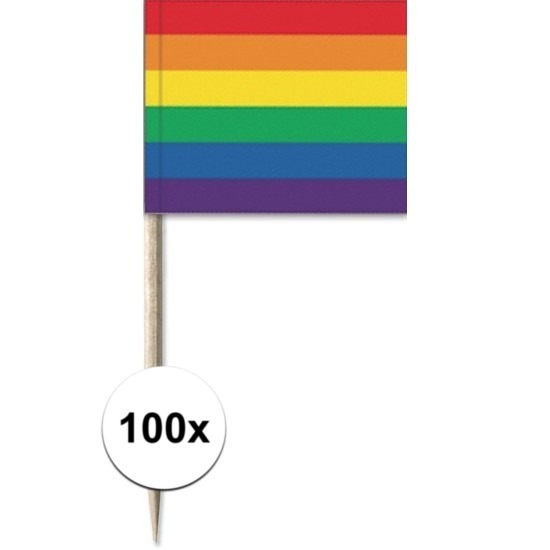 100x Cocktailprikkers regenboog vlag 8 cm vlaggetje decoratie -