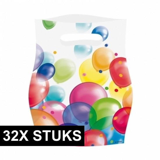 32x Feestzakjes met ballonnenopdruk plastic 16x23cm -