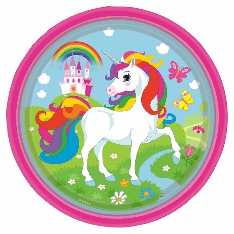 Bordjes eenhoorn thema - 8x stuks - D23 cm - karton - verjaardag feestbordjes -