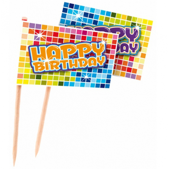 Cocktailprikkers Happy Birthday - 24x - 6,5 cm - prikkers - feestprikkers - verjaardag -