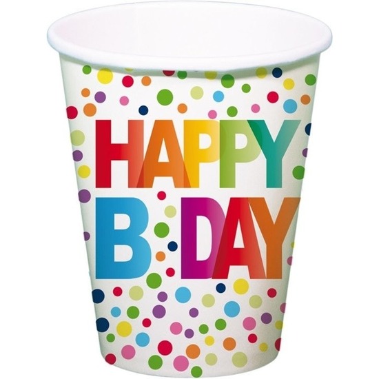 8x stuks Happy B-day feest drinkbekertjes met stippen 13 cm -