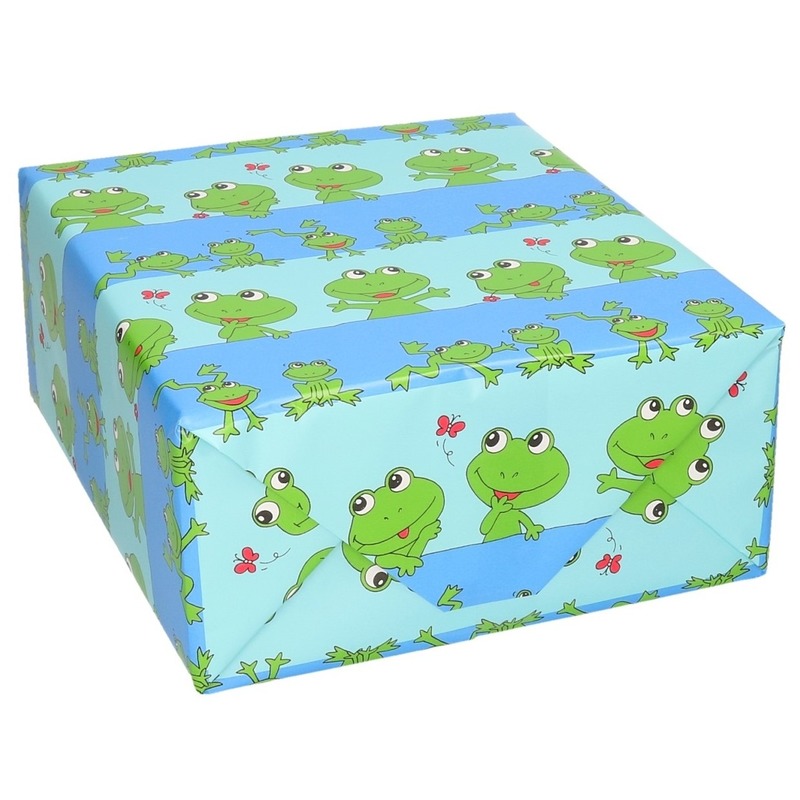 Cadeaupapier - rol - blauw/groene kikkers print - 200 x 70 cm - inpakpapier -