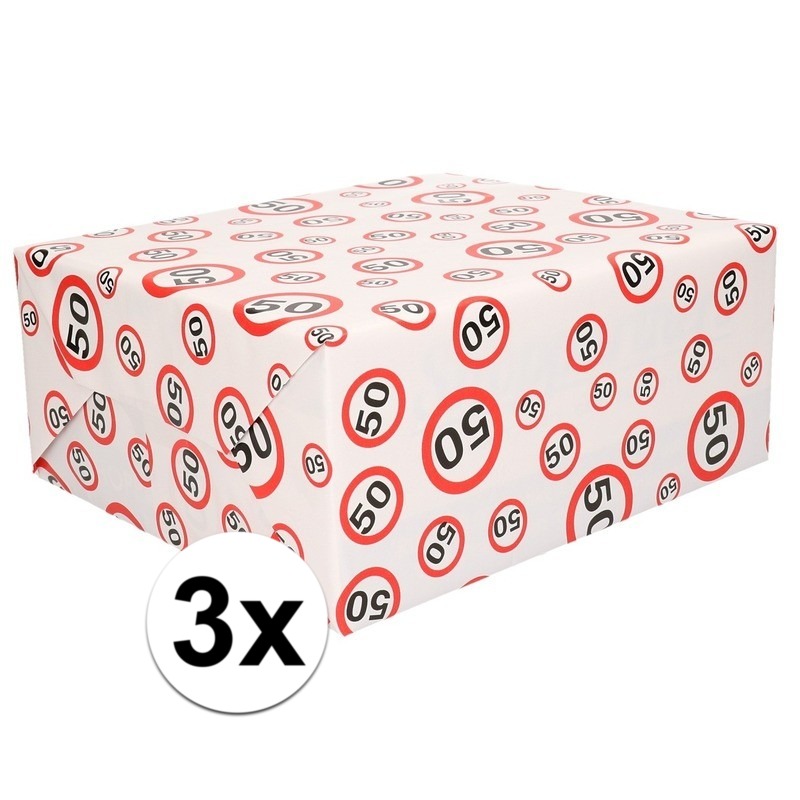 3x Inpakpapier/cadeaupapier 50 jaar 300 x 70 cm op rol -