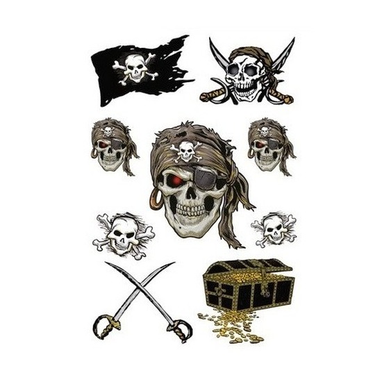 Stickers piraten thema - 9x - glitters - velletje 16 x 9 cm - piratenstickers -