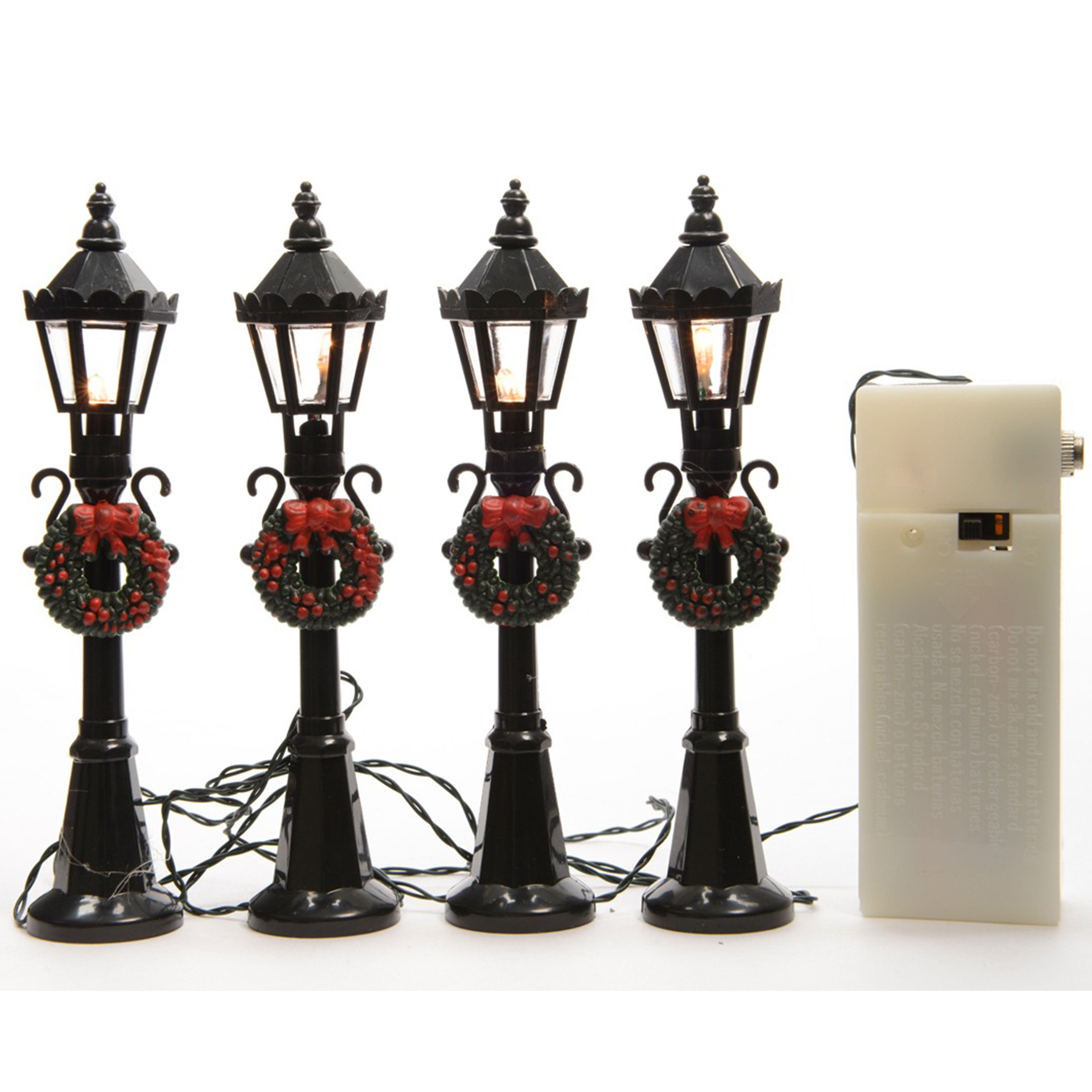 Miniatuur lantaarnpalen - 4x st - 12 cm - met licht - Kerstdorp onderdelen/materialen -