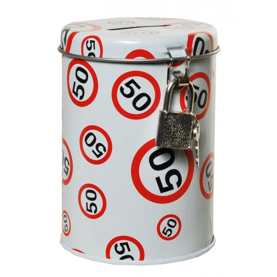 Spaarpot 50 jaar verjaardag - met verkeersborden print - 11 x 8 cm - met slotje -