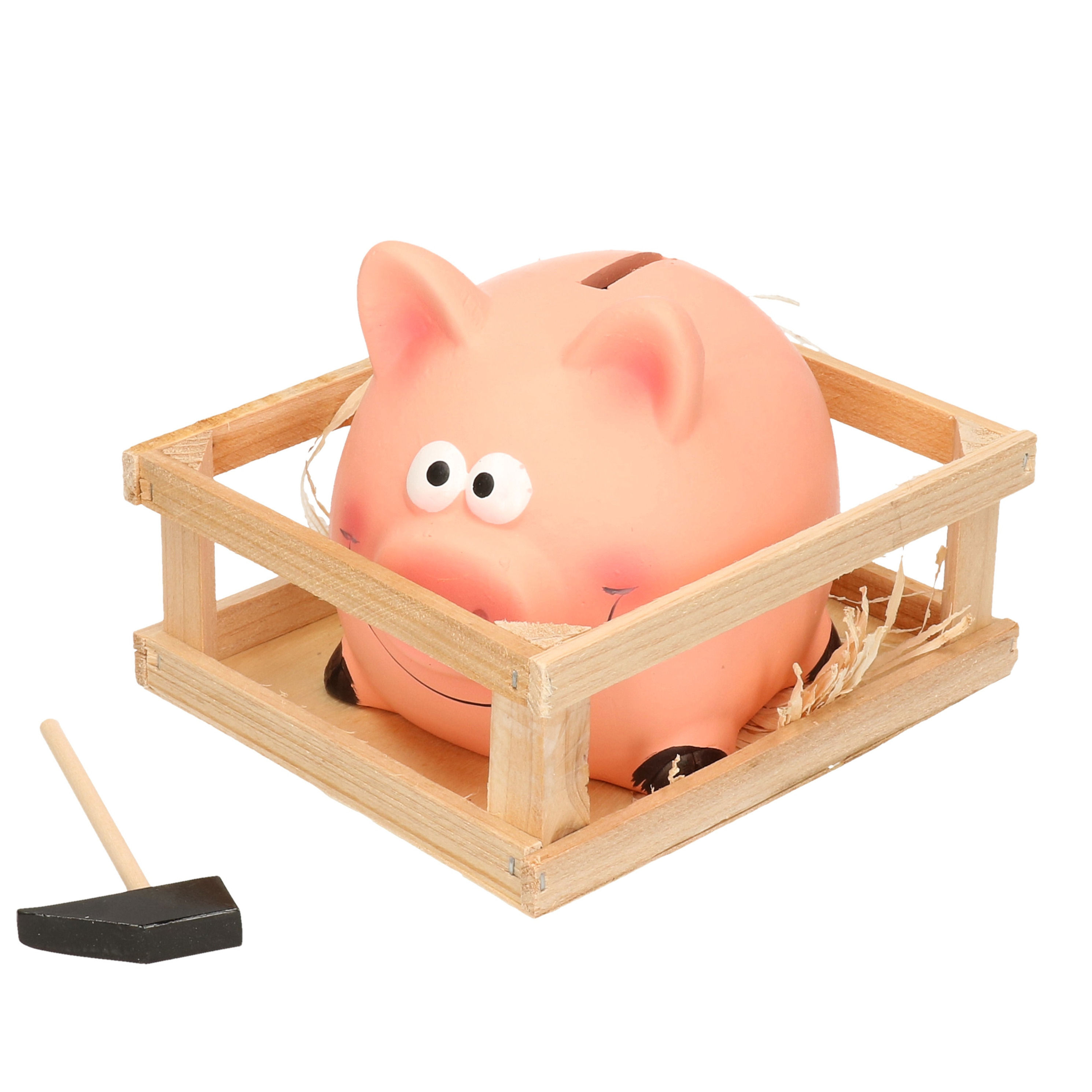 Spaarvarken met hamer in kistje - 14 x 12 cm - Keramiek - Spaarpot met hamertje -