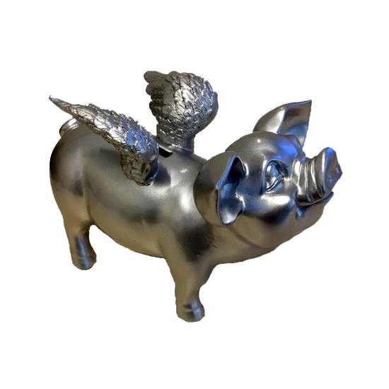 Zilver spaarvarken met vleugels 25 cm -