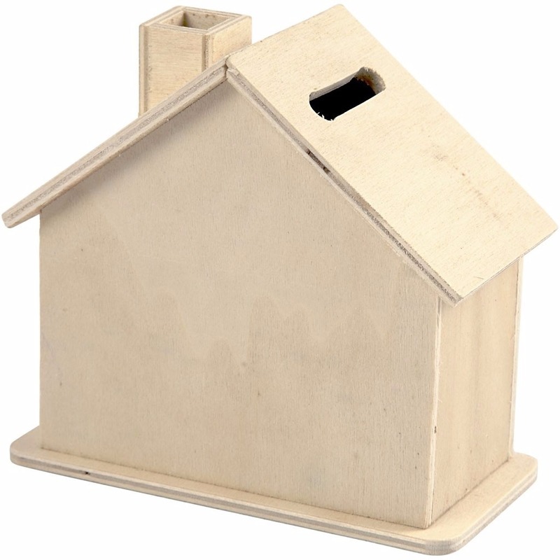Spaarpot huisje - beschilderbaar - 10 cm - hout - hobby/knutsel spaarpot -