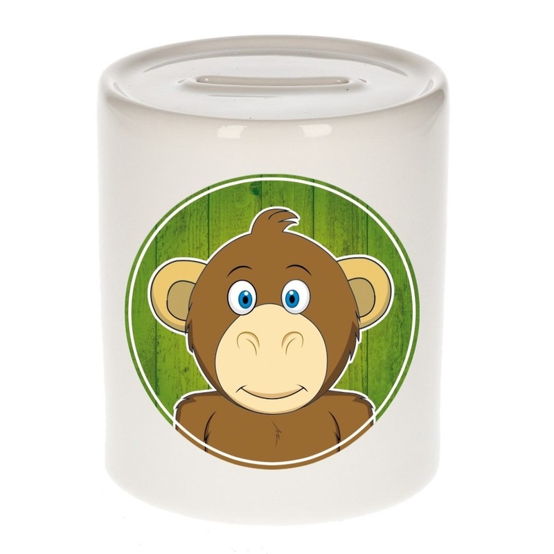 Spaarpot voor kinderen - met Aap afbeelding - wit - keramiek - 9 cm -