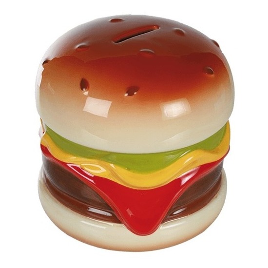 Spaarpot van een lekkere Hamburger - 14 x 13 cm - keramiek - Kinderen en volwassenen -