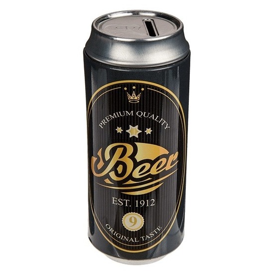 Spaarpot blikje Bier/Beer - metaal - zwart/goud - Drank thema - 16 cm -