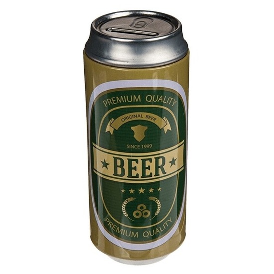 Spaarpot blikje Bier/Beer - metaal - groen/goud - Drank thema - 16 cm -