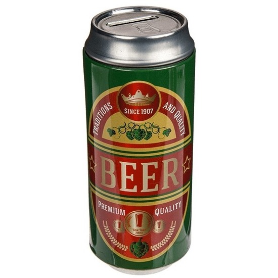 Spaarpot blikje Bier/Beer - metaal - groen/rood - Drank thema - 16 cm -