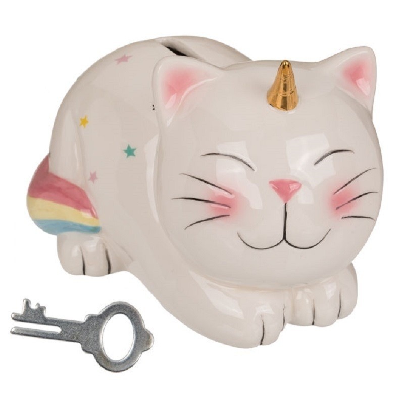 Spaarpot eenhoorn kat/poes met slotje - 17 x 12 cm - Unicorn katten/dieren spaarpotten - meisjes -