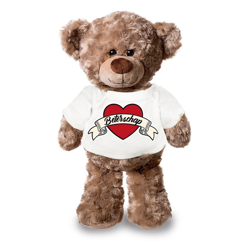 Beterschap pluche teddybeer knuffel 24 cm met wit t-shirt -