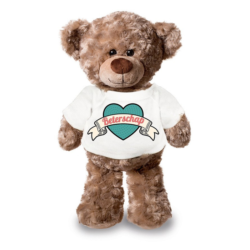 Beterschap pluche teddybeer knuffel 24 cm met wit retro t-shirt -