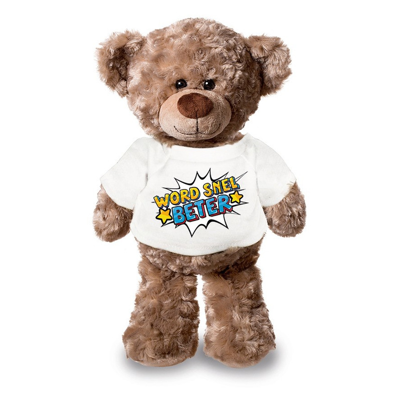 Word snel beter pluche teddybeer knuffel 24 cm met wit t-shirt -