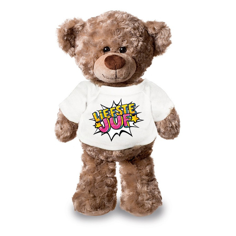 Liefste juf pluche teddybeer knuffel 24 cm met wit t-shirt -