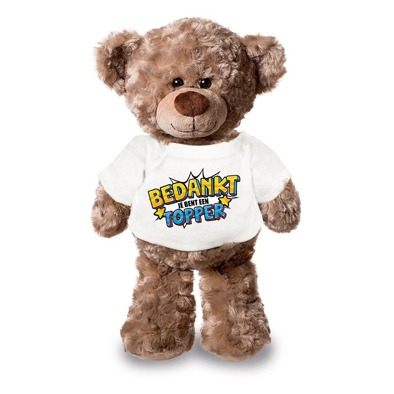 Bedankt topper pluche teddybeer knuffel 24 cm met wit t-shirt -