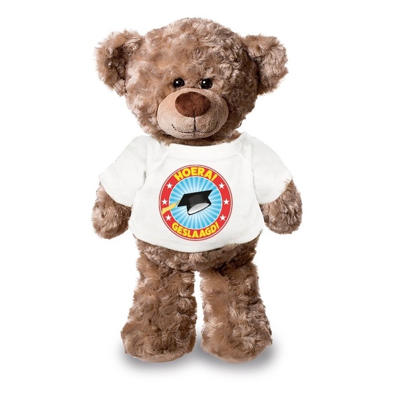 Knuffel teddybeer Hoera Geslaagd wit shirt 24 cm -