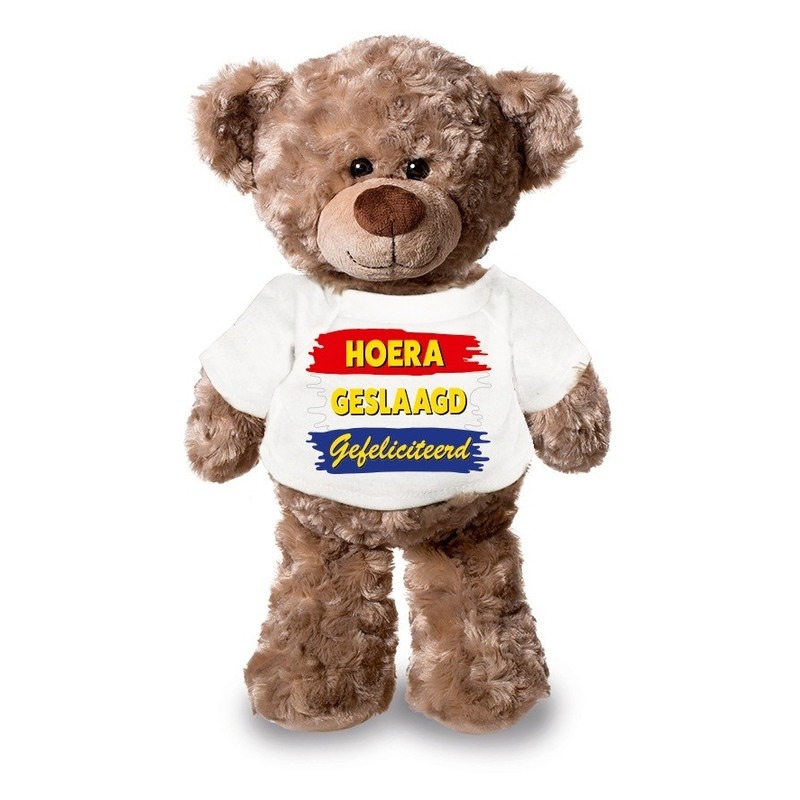 Knuffel teddybeer Hoera Geslaagd Gefeliciteerd wit shirt 24 cm -