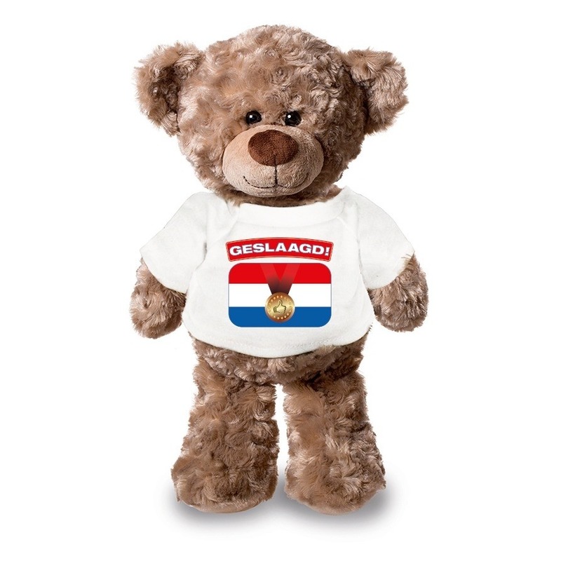 Knuffel teddybeer Geslaagd! wit shirt 24 cm -