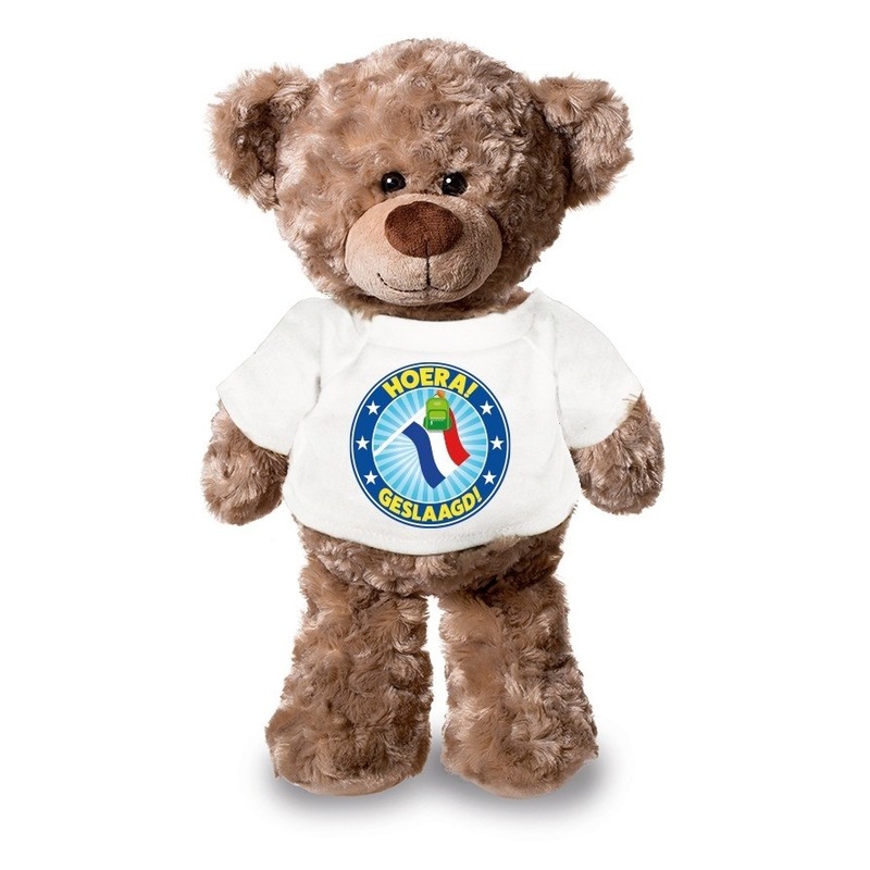 Knuffel teddybeer Hoera Geslaagd! met vlag wit shirt 24 cm -