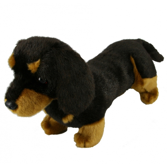 Pluche kortharige teckel knuffel hond - zwart/bruin - 42 cm - Honden knuffels -