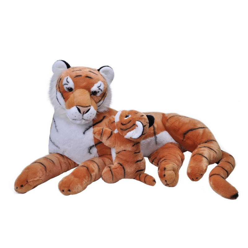 Grote pluche gestreepte tijger met welpje knuffel 76 cm speelgoe -