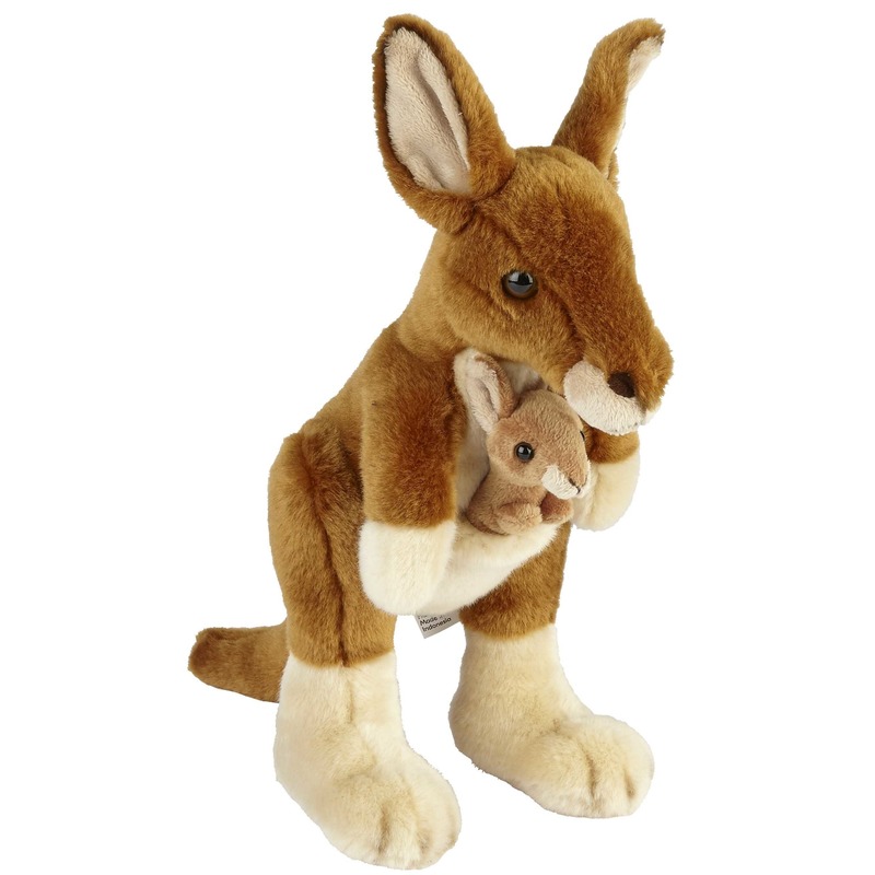 Pluche kangoeroe met baby knuffeldier - 28 cm - bruin - Kangoeroes knuffels -