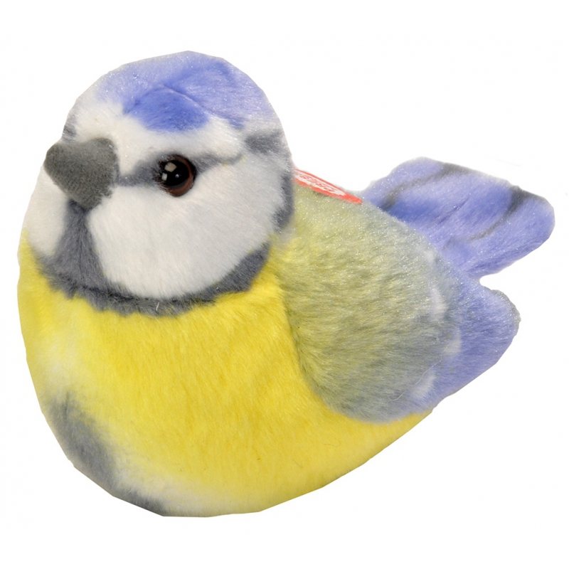 Wild Republic pluche vogel knuffel pimpelmees - geel/blauw - 14 cm - met echt geluid -
