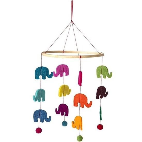 Olifant thema baby mobiel/boxmobiel - 45 cm - Hout/vilt - Babykamer/kinderkamer -