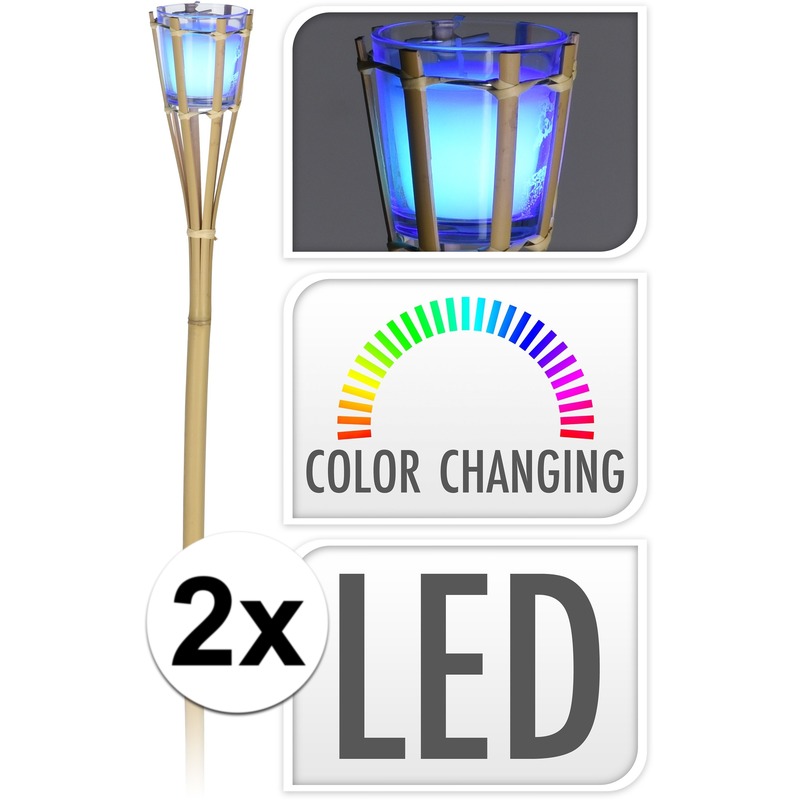 Bamboe tuinfakkels - 2x - citronella - met LED verlichting - 76 cm -
