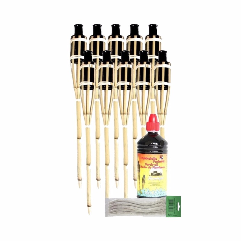 10x Bamboe fakkel met lont 60 cm en olie 1 L pakket -