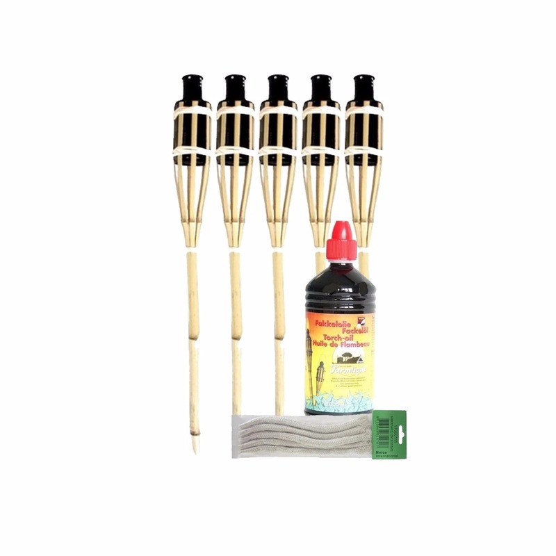 5x Bamboe fakkel met lont 60 cm en olie 1 L pakket -
