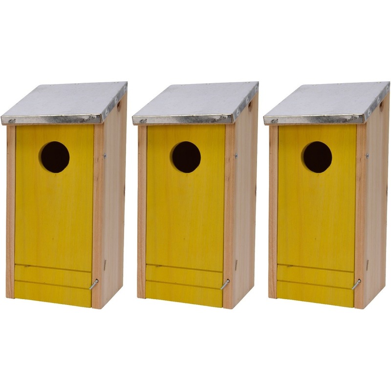 3x Houten vogelhuisjes/nestkastjes gele voorzijde 26 cm -