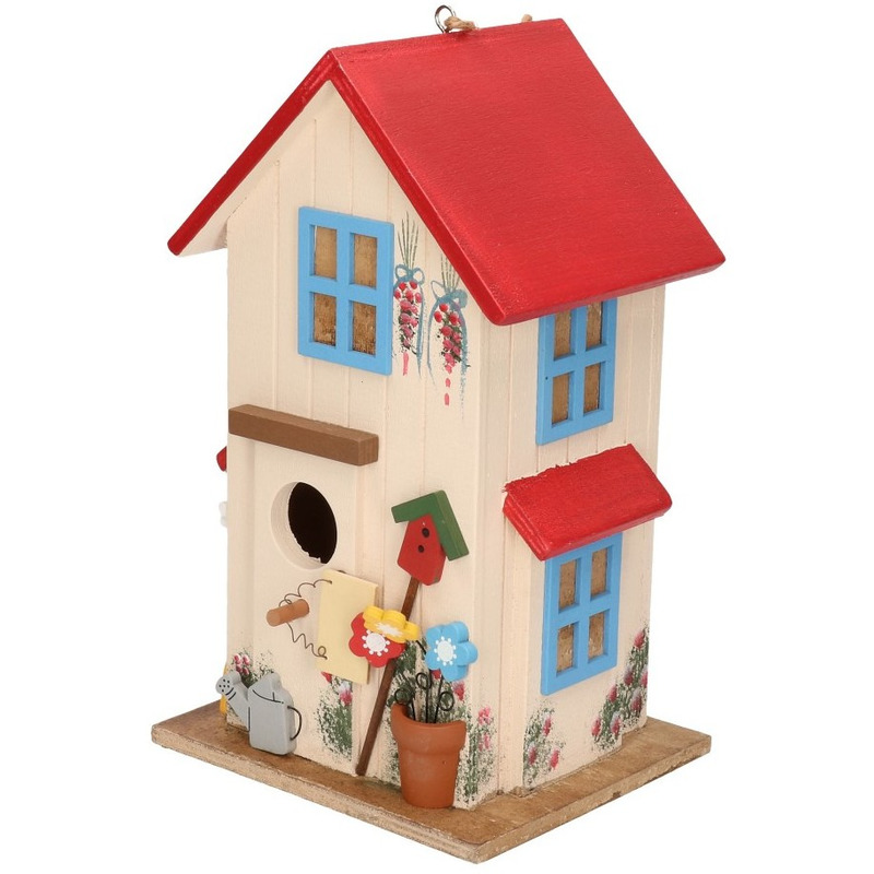 Houten vogelhuisje/nestkastje wit/rood 26 cm -